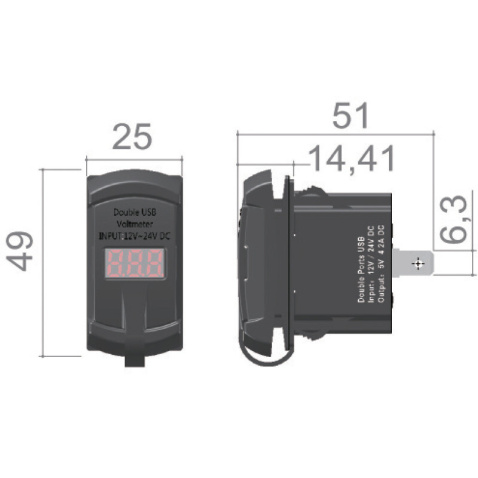 Zásuvka USB dvojitá, vzhled vypínač 12/24V+voltmetr
