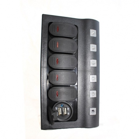Panel vypínačů - 5 pod sebou+USB zásuvka, voděodolný, LED indikátor, 102x190mm
