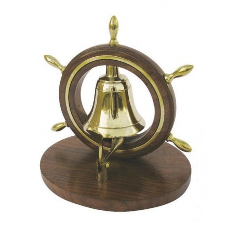 Zvon v kormidelním kole mosaz/dřevo 12,5x10x13cm